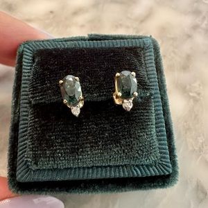 Vintage 14K Teal Sapphire Earrings with CZ accents